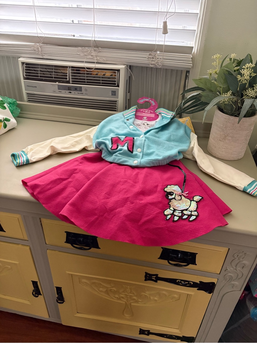 Girls Retro Varsity Jacket and Pink Skirt Set with Poodle Patch Costume